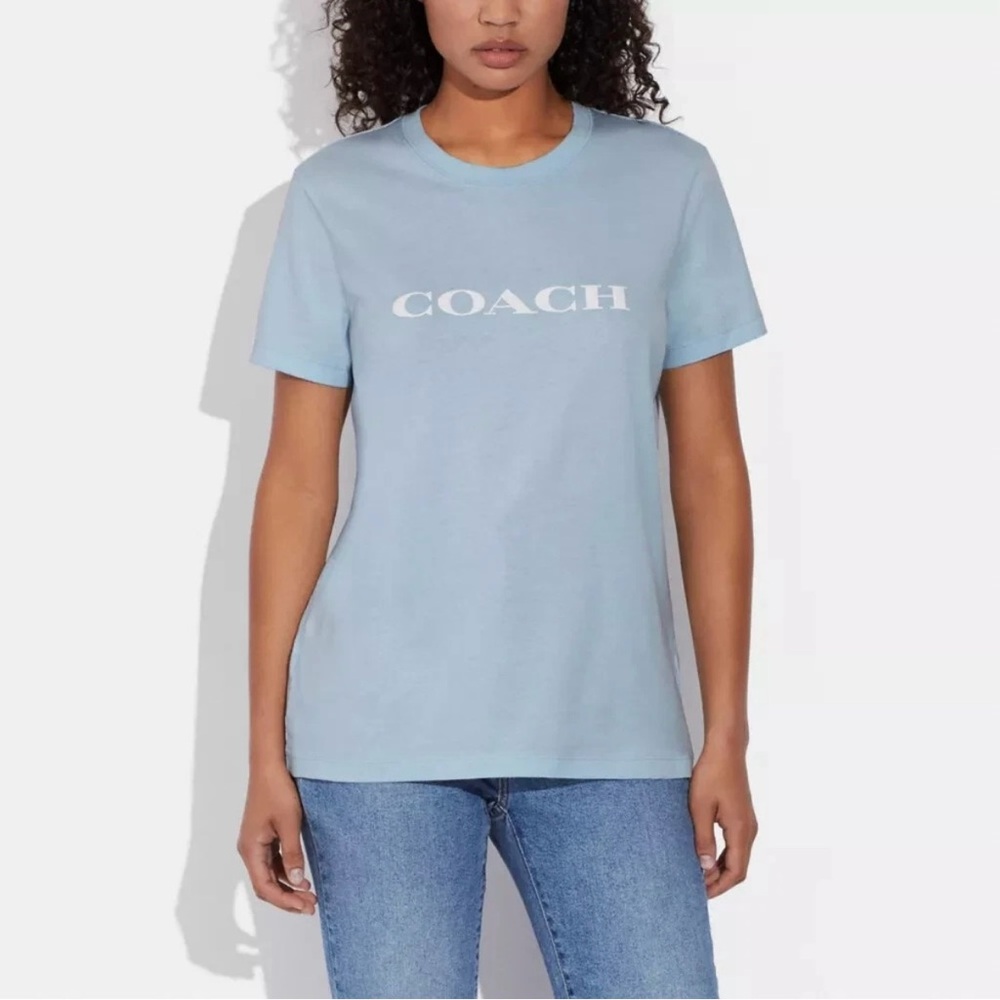 Coach Womens Essential Short Sleeve Cotton T Shirt Sz XL Light Blue Logo C8786 - Picture 1 of 12